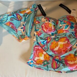 La Blanca Floral Strapless Tankini Top in Aqua and Pink and bikini bottoms